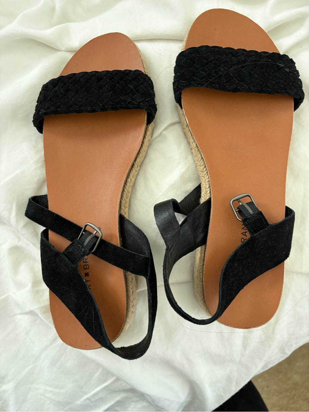 Lucky Brand Black Braided Strap Sandals with Tan Footbed